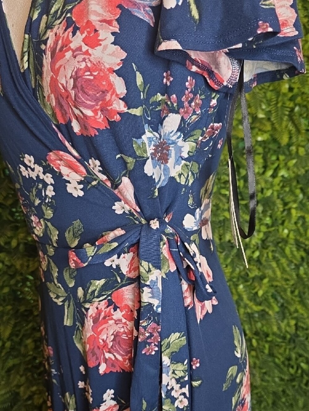 A. Byer Navy Floral Wrap Midi Dress with Pink & Green Bloom - Picture 3 of 7